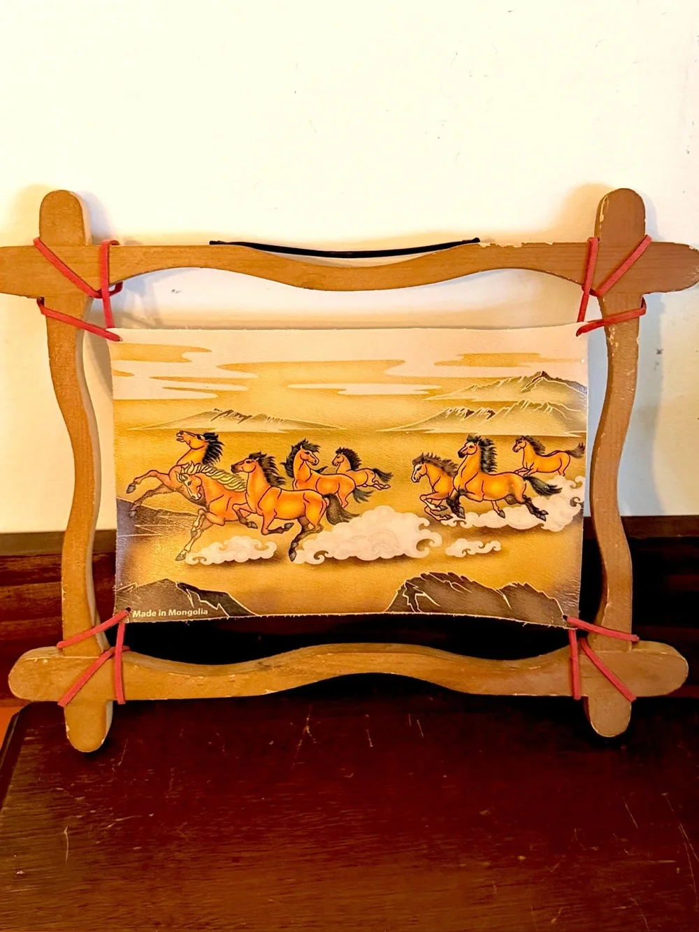 Vintage Running Wild Horses Mongolian Leather Painting Rustic Wood Frame 9x11”